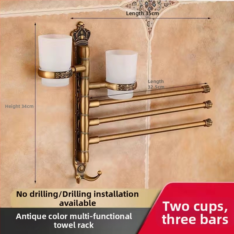 Antik stílusú törölközőtartó fúrás nélküli rögzítéssel, európai fürdőszobai kiegészítő, fogkefés pohártartó, forgó, összecsukható törölközőrúd; alumíniumötvözet; teherbírás 20 kg; többszintű kialítás; modern minimalista stílus.