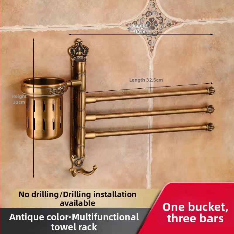 Antik stílusú törölközőtartó fúrás nélküli rögzítéssel, európai fürdőszobai kiegészítő, fogkefés pohártartó, forgó, összecsukható törölközőrúd; alumíniumötvözet; teherbírás 20 kg; többszintű kialítás; modern minimalista stílus.