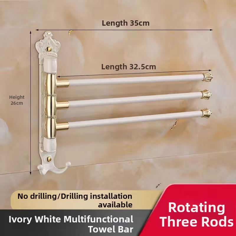 Antik stílusú törölközőtartó fúrás nélküli rögzítéssel, európai fürdőszobai kiegészítő, fogkefés pohártartó, forgó, összecsukható törölközőrúd; alumíniumötvözet; teherbírás 20 kg; többszintű kialítás; modern minimalista stílus.
