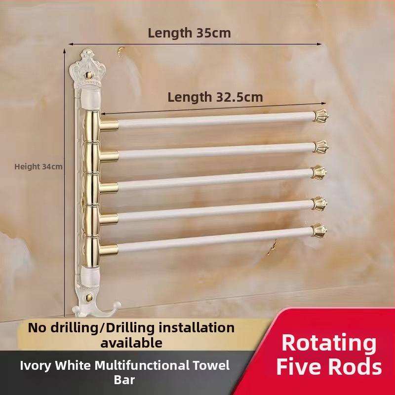 Antik stílusú törölközőtartó fúrás nélküli rögzítéssel, európai fürdőszobai kiegészítő, fogkefés pohártartó, forgó, összecsukható törölközőrúd; alumíniumötvözet; teherbírás 20 kg; többszintű kialítás; modern minimalista stílus.