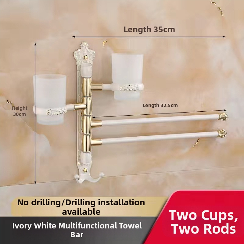 Antik stílusú törölközőtartó fúrás nélküli rögzítéssel, európai fürdőszobai kiegészítő, fogkefés pohártartó, forgó, összecsukható törölközőrúd; alumíniumötvözet; teherbírás 20 kg; többszintű kialítás; modern minimalista stílus.