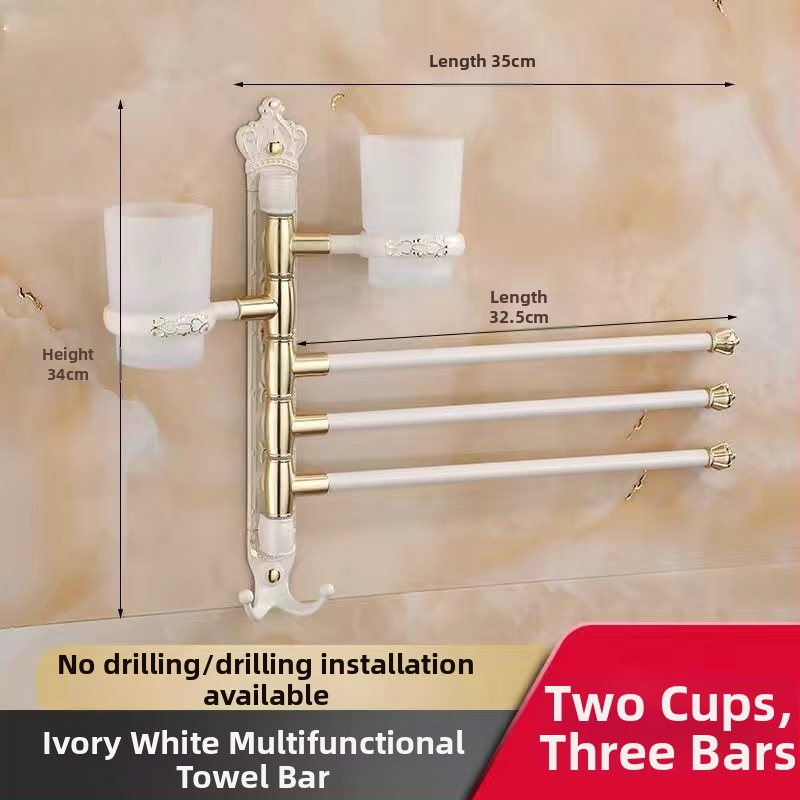 Antik stílusú törölközőtartó fúrás nélküli rögzítéssel, európai fürdőszobai kiegészítő, fogkefés pohártartó, forgó, összecsukható törölközőrúd; alumíniumötvözet; teherbírás 20 kg; többszintű kialítás; modern minimalista stílus.