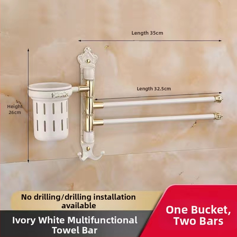 Antik stílusú törölközőtartó fúrás nélküli rögzítéssel, európai fürdőszobai kiegészítő, fogkefés pohártartó, forgó, összecsukható törölközőrúd; alumíniumötvözet; teherbírás 20 kg; többszintű kialítás; modern minimalista stílus.