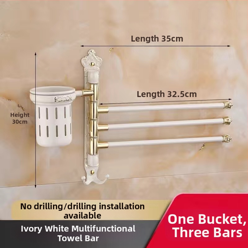 Antik stílusú törölközőtartó fúrás nélküli rögzítéssel, európai fürdőszobai kiegészítő, fogkefés pohártartó, forgó, összecsukható törölközőrúd; alumíniumötvözet; teherbírás 20 kg; többszintű kialítás; modern minimalista stílus.