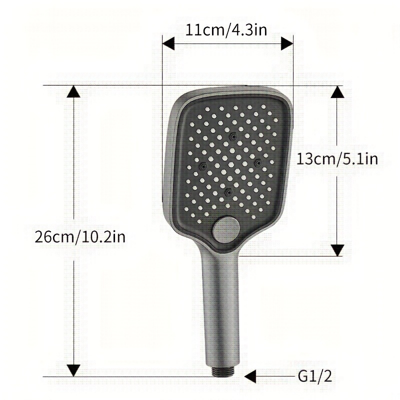Kaasaskantav käeddušikomplekt vihmadušiga, ABS-korpus, ruudukujuline kromitud pea, pööratav kinnitussüsteem, kaasaegne minimalistlik disain
