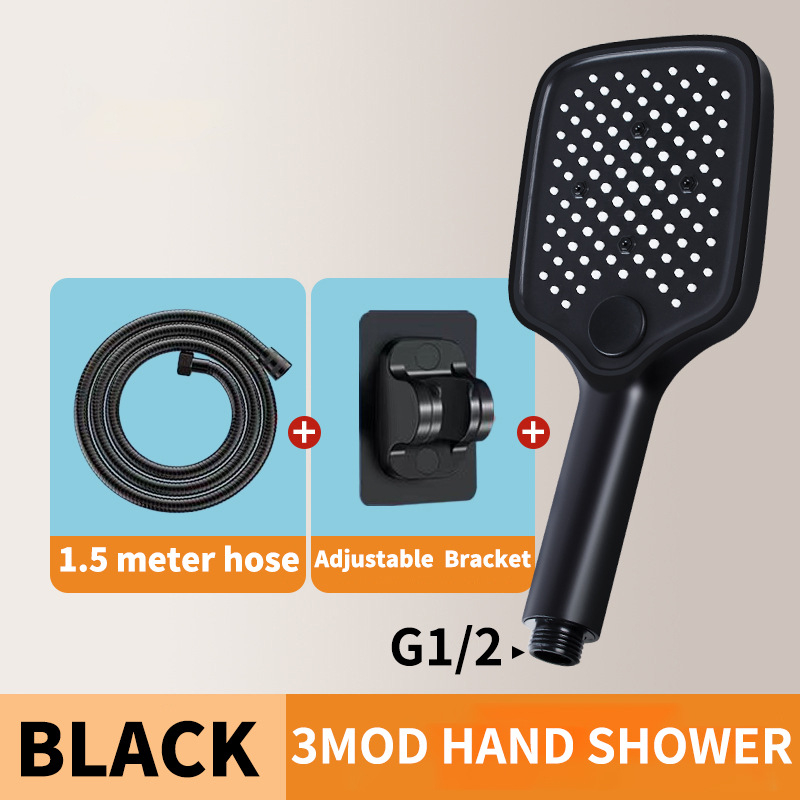 Kaasaskantav käeddušikomplekt vihmadušiga, ABS-korpus, ruudukujuline kromitud pea, pööratav kinnitussüsteem, kaasaegne minimalistlik disain