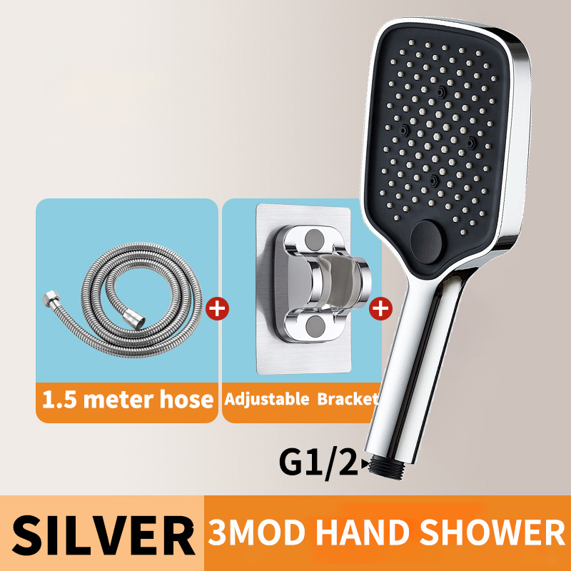 Kaasaskantav käeddušikomplekt vihmadušiga, ABS-korpus, ruudukujuline kromitud pea, pööratav kinnitussüsteem, kaasaegne minimalistlik disain