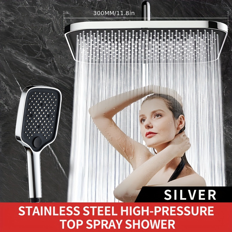 Kaasaskantav käeddušikomplekt vihmadušiga, ABS-korpus, ruudukujuline kromitud pea, pööratav kinnitussüsteem, kaasaegne minimalistlik disain