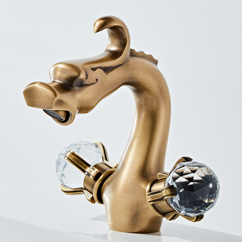 Βρύση νιπτήρα σε ευρωπαϊκό στυλ, χρυσός δράκος, ολόκληρος χαλκός, ζεστό-κρύο νερό, κρυστάλλινο διπλό χειριστήριο