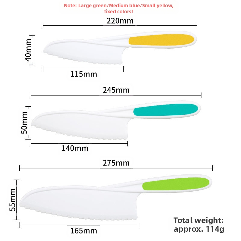Детски пластмасов комплект ножове за плодове и зеленчуци с вълнообразна режеща част, обелка и форма за бисквитки — PP+TPR, режеща част 16.5 cm, обща дължина 27.5 cm, инжекционно формована