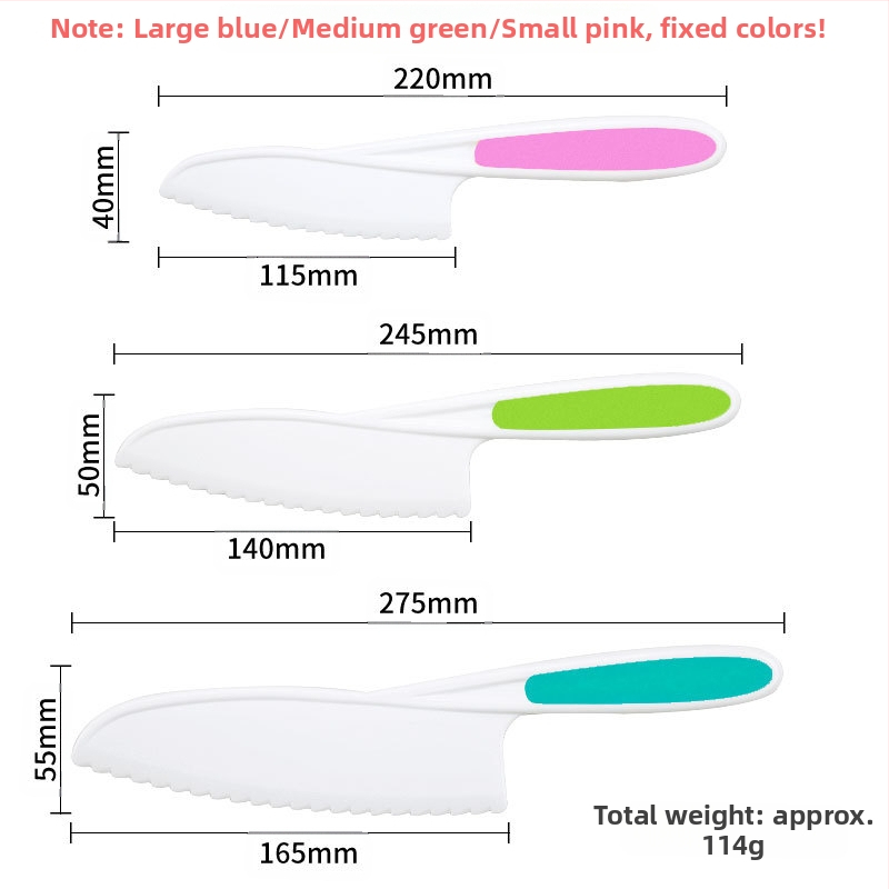 Детски пластмасов комплект ножове за плодове и зеленчуци с вълнообразна режеща част, обелка и форма за бисквитки — PP+TPR, режеща част 16.5 cm, обща дължина 27.5 cm, инжекционно формована