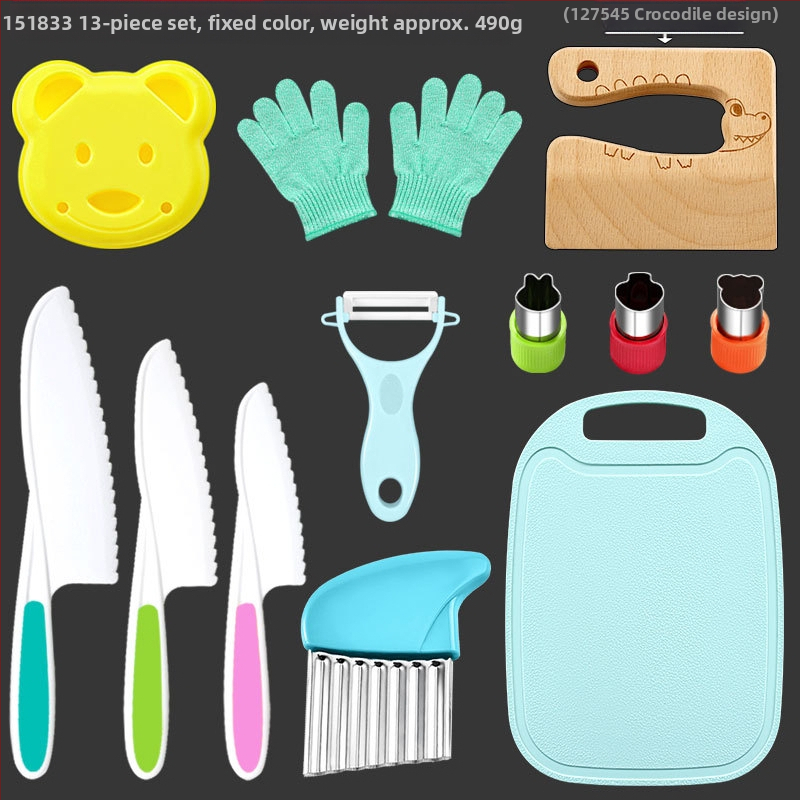 Детски пластмасов комплект ножове за плодове и зеленчуци с вълнообразна режеща част, обелка и форма за бисквитки — PP+TPR, режеща част 16.5 cm, обща дължина 27.5 cm, инжекционно формована