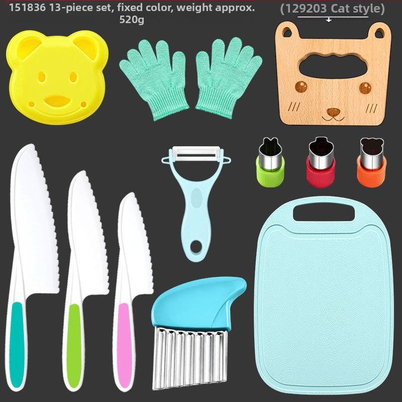 Детски пластмасов комплект ножове за плодове и зеленчуци с вълнообразна режеща част, обелка и форма за бисквитки — PP+TPR, режеща част 16.5 cm, обща дължина 27.5 cm, инжекционно формована