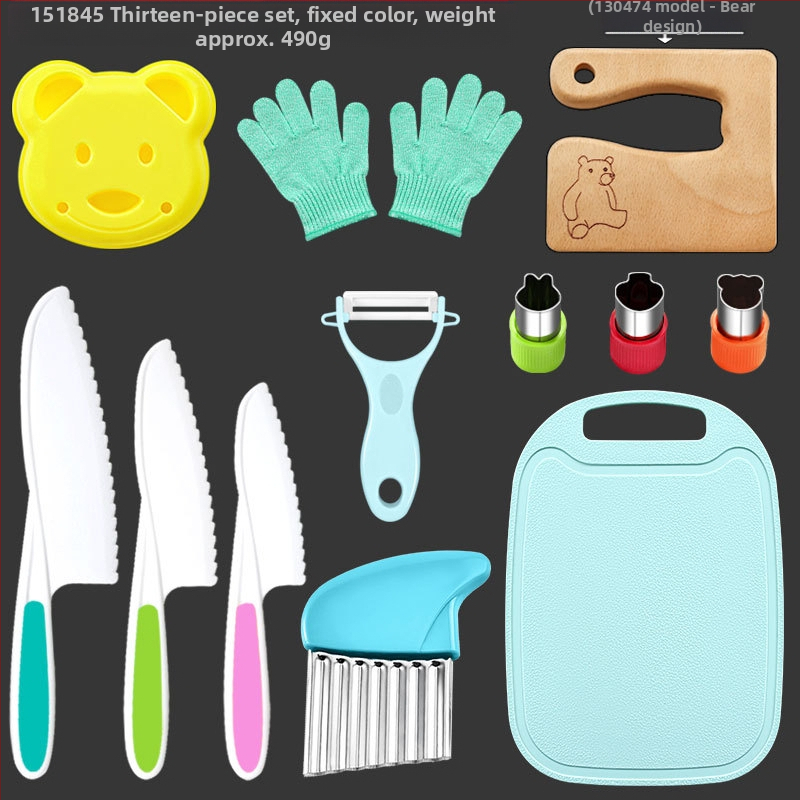 Детски пластмасов комплект ножове за плодове и зеленчуци с вълнообразна режеща част, обелка и форма за бисквитки — PP+TPR, режеща част 16.5 cm, обща дължина 27.5 cm, инжекционно формована