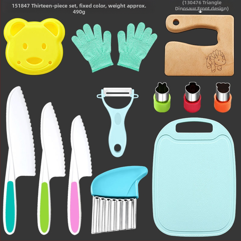 Детски пластмасов комплект ножове за плодове и зеленчуци с вълнообразна режеща част, обелка и форма за бисквитки — PP+TPR, режеща част 16.5 cm, обща дължина 27.5 cm, инжекционно формована