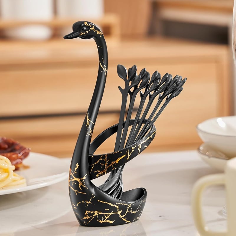 Комплект плодови вилици и десертна лъжица от неръждаема стомана, стил лек лукс, огледално полирани повърхности, едноцветен модел