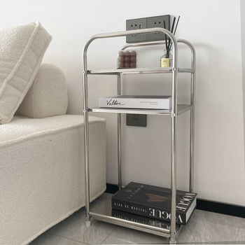 Kerek sarokasztal rozsdamentes acélból, tárolóval, fém vázzal, modell 400, szerelés szükséges