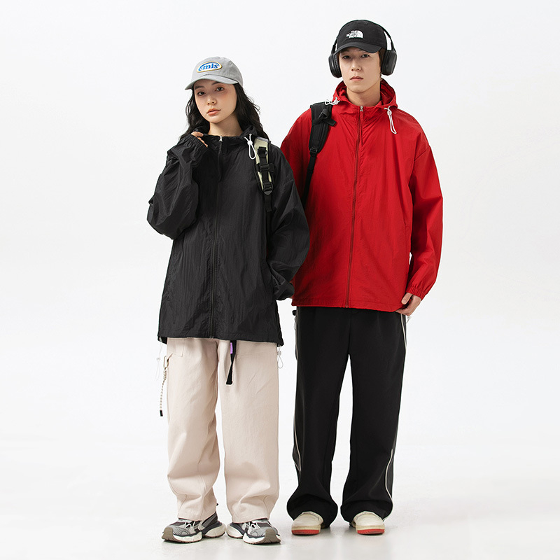 YGF Palton cu glugă, protecție UPF50+ împotriva razelor de soare, țesătură din nylon 40D cu textură ușor creponată, croială lejeră, fermoar, buzunare 3D cu patch, stil stradal