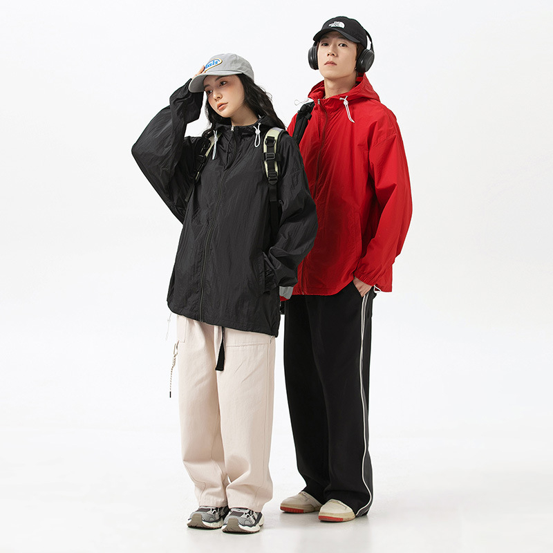 YGF Palton cu glugă, protecție UPF50+ împotriva razelor de soare, țesătură din nylon 40D cu textură ușor creponată, croială lejeră, fermoar, buzunare 3D cu patch, stil stradal