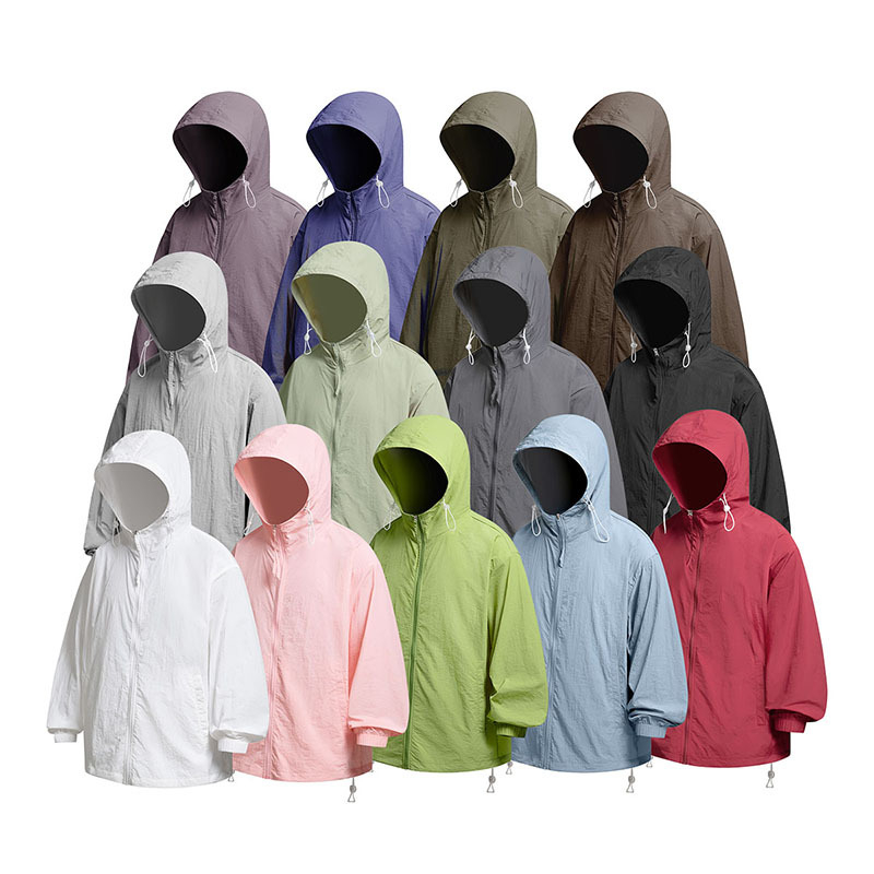 YGF Palton cu glugă, protecție UPF50+ împotriva razelor de soare, țesătură din nylon 40D cu textură ușor creponată, croială lejeră, fermoar, buzunare 3D cu patch, stil stradal