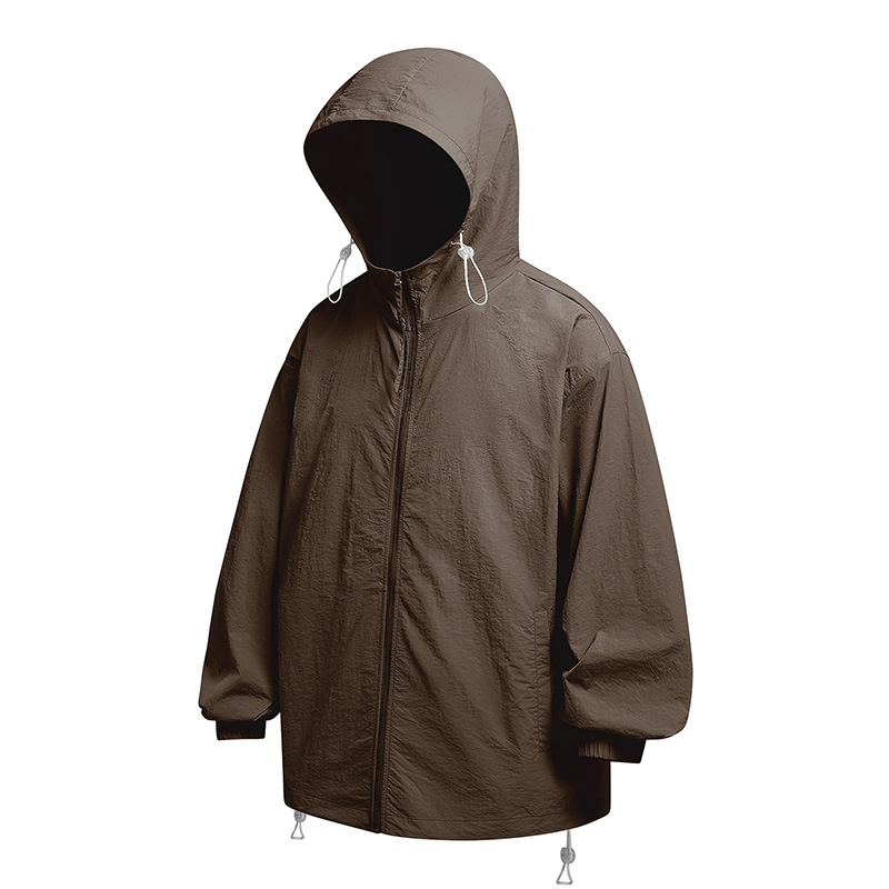 YGF Palton cu glugă, protecție UPF50+ împotriva razelor de soare, țesătură din nylon 40D cu textură ușor creponată, croială lejeră, fermoar, buzunare 3D cu patch, stil stradal