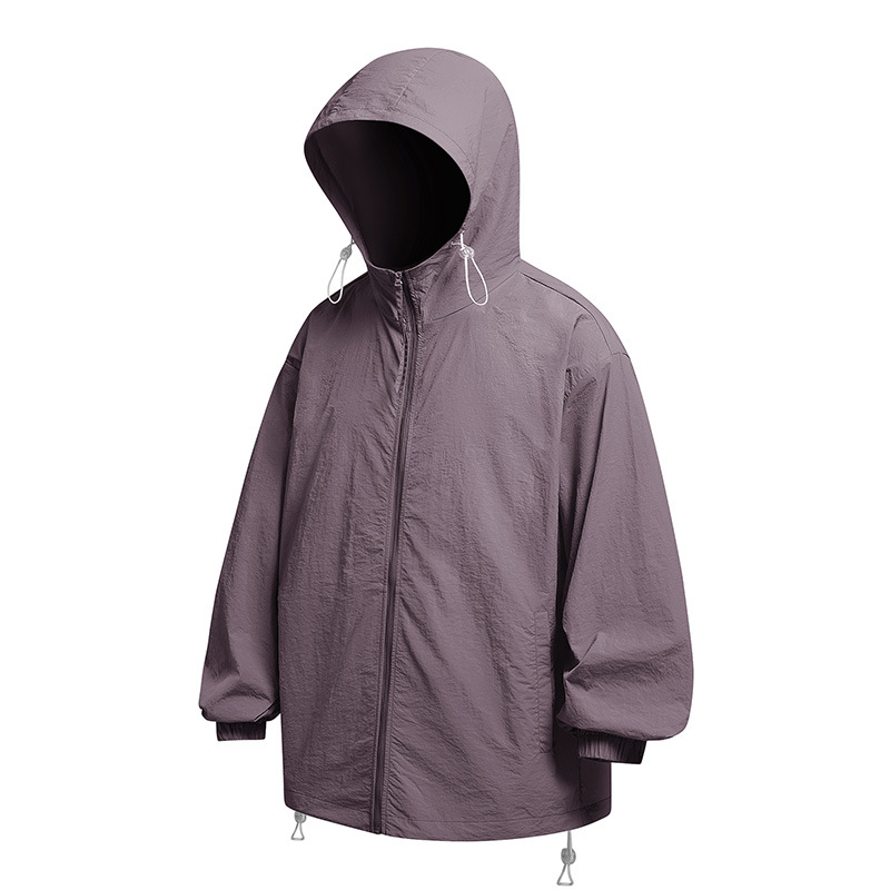 YGF Palton cu glugă, protecție UPF50+ împotriva razelor de soare, țesătură din nylon 40D cu textură ușor creponată, croială lejeră, fermoar, buzunare 3D cu patch, stil stradal