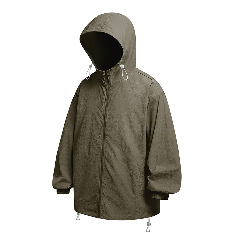 YGF Palton cu glugă, protecție UPF50+ împotriva razelor de soare, țesătură din nylon 40D cu textură ușor creponată, croială lejeră, fermoar, buzunare 3D cu patch, stil stradal