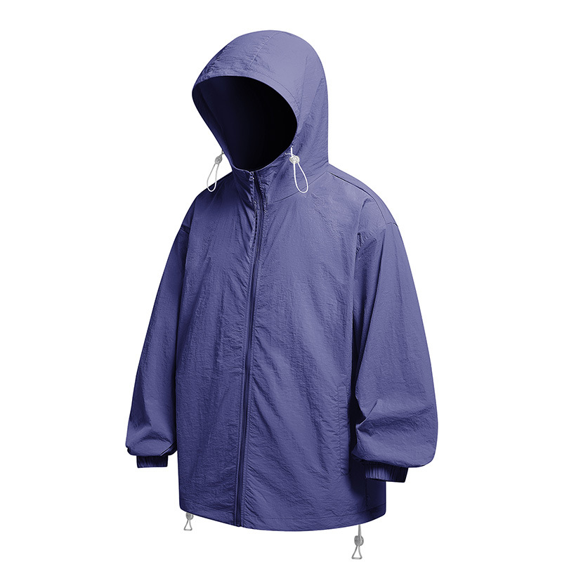 YGF Palton cu glugă, protecție UPF50+ împotriva razelor de soare, țesătură din nylon 40D cu textură ușor creponată, croială lejeră, fermoar, buzunare 3D cu patch, stil stradal