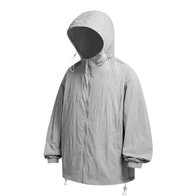 YGF Palton cu glugă, protecție UPF50+ împotriva razelor de soare, țesătură din nylon 40D cu textură ușor creponată, croială lejeră, fermoar, buzunare 3D cu patch, stil stradal
