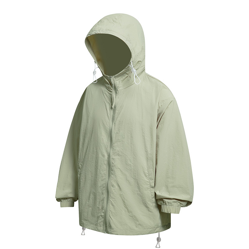 YGF Palton cu glugă, protecție UPF50+ împotriva razelor de soare, țesătură din nylon 40D cu textură ușor creponată, croială lejeră, fermoar, buzunare 3D cu patch, stil stradal