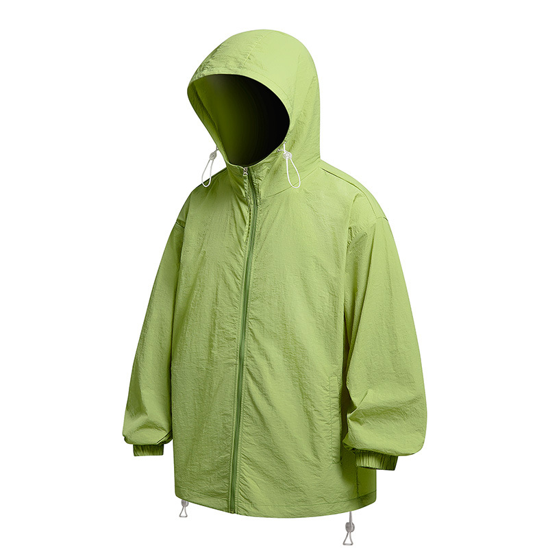 YGF Palton cu glugă, protecție UPF50+ împotriva razelor de soare, țesătură din nylon 40D cu textură ușor creponată, croială lejeră, fermoar, buzunare 3D cu patch, stil stradal