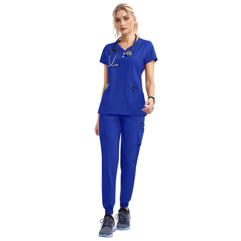 Medicínsky scrubs set – unisex, top s krátkym rukávom a nohavice, rýchloschnúci materiál z polyesteru elastanu, odvádza vlhkosť