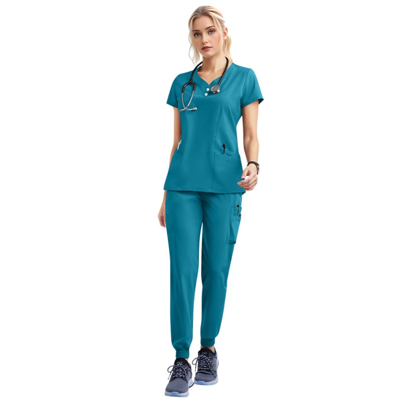 Medicínsky scrubs set – unisex, top s krátkym rukávom a nohavice, rýchloschnúci materiál z polyesteru elastanu, odvádza vlhkosť