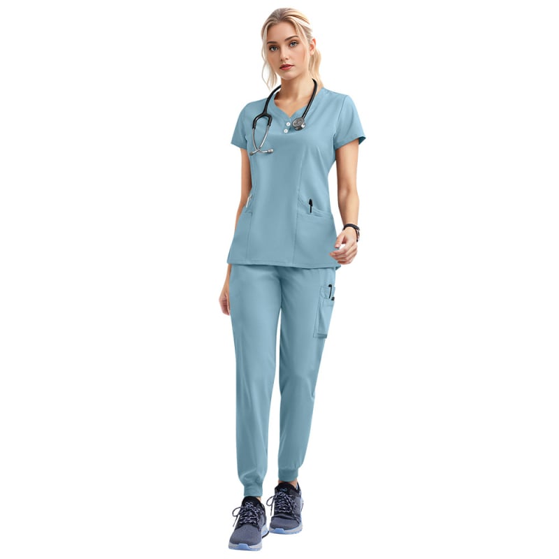 Medicínsky scrubs set – unisex, top s krátkym rukávom a nohavice, rýchloschnúci materiál z polyesteru elastanu, odvádza vlhkosť