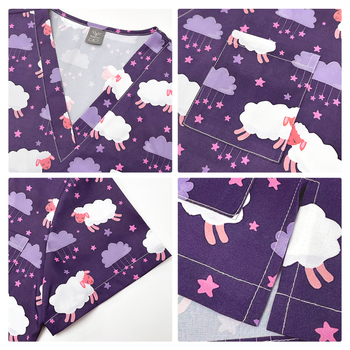 Σετ ιατρικών ρούχων – Τοπ με V-λαιμόκοψη και κοντά μανίκια + παντελόνια, εκτύπωση, απομάκρυνση υγρασίας, πολυεστέρας-σπαντέξ