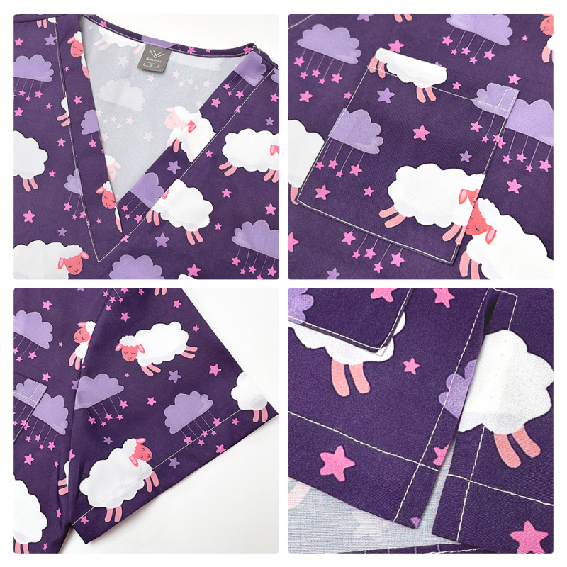 Медицински комплект униформа – топ с V-образно деколте и къс ръкав + панталони, с принт, влагоотвеждащ полиестер-спандекс