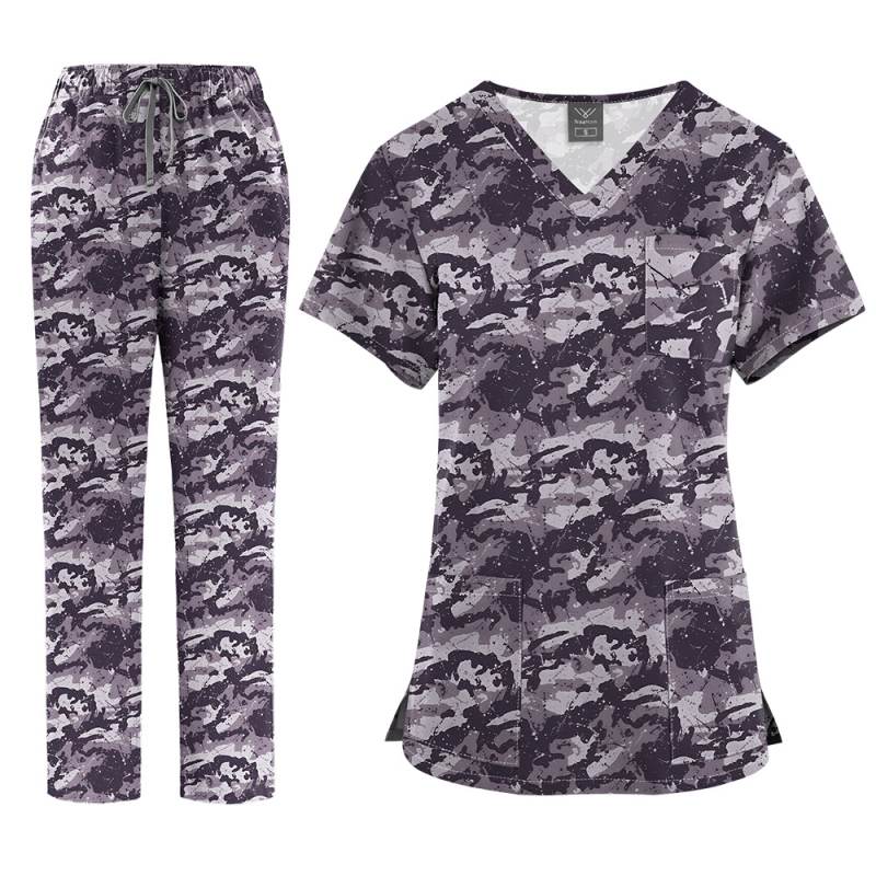Медицински комплект униформа – топ с V-образно деколте и къс ръкав + панталони, с принт, влагоотвеждащ полиестер-спандекс