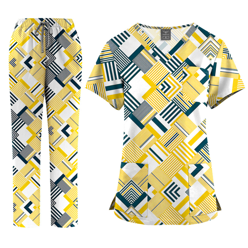 Медицински комплект униформа – топ с V-образно деколте и къс ръкав + панталони, с принт, влагоотвеждащ полиестер-спандекс