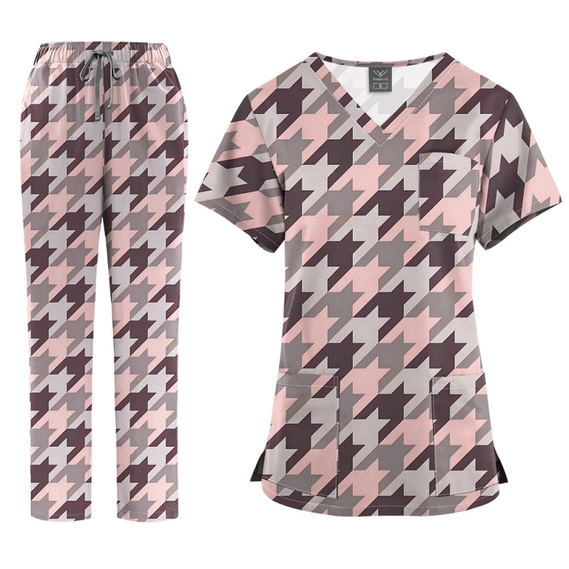 Медицински комплект униформа – топ с V-образно деколте и къс ръкав + панталони, с принт, влагоотвеждащ полиестер-спандекс