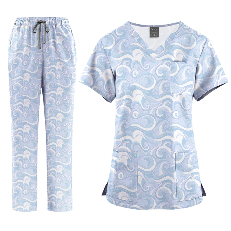 Медицински комплект униформа – топ с V-образно деколте и къс ръкав + панталони, с принт, влагоотвеждащ полиестер-спандекс