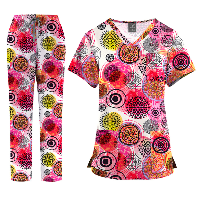 Медицински комплект униформа – топ с V-образно деколте и къс ръкав + панталони, с принт, влагоотвеждащ полиестер-спандекс