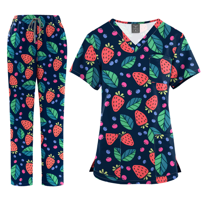 Медицински комплект униформа – топ с V-образно деколте и къс ръкав + панталони, с принт, влагоотвеждащ полиестер-спандекс