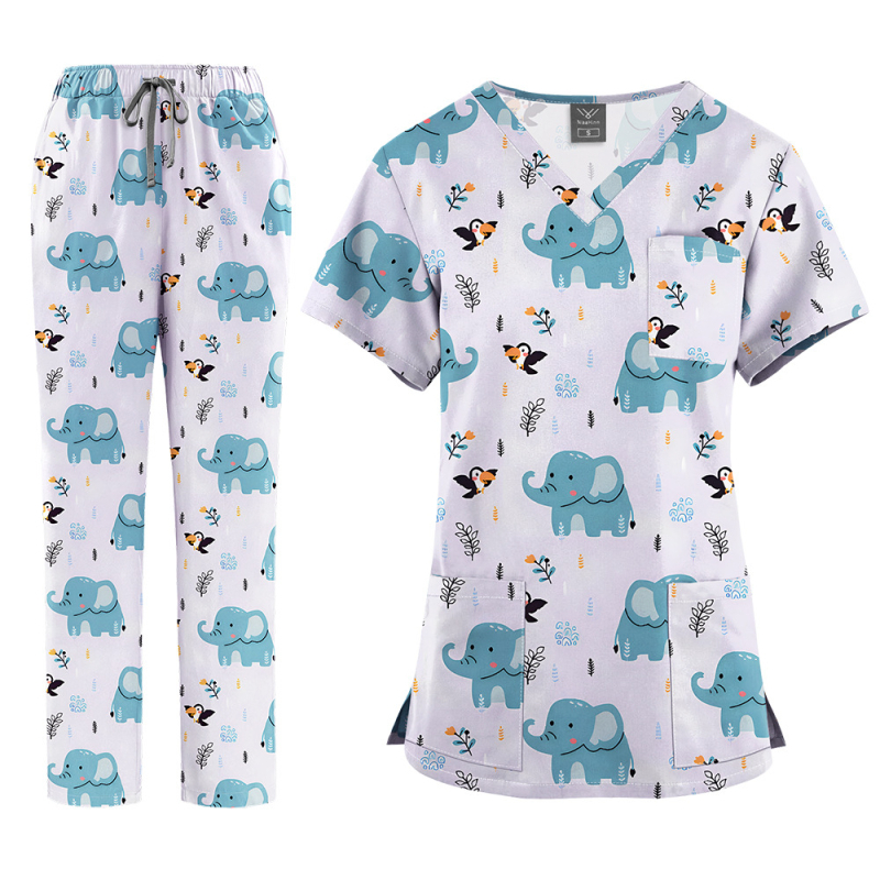 Медицински комплект униформа – топ с V-образно деколте и къс ръкав + панталони, с принт, влагоотвеждащ полиестер-спандекс