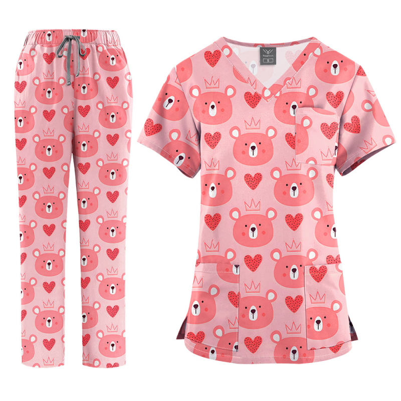 Медицински комплект униформа – топ с V-образно деколте и къс ръкав + панталони, с принт, влагоотвеждащ полиестер-спандекс