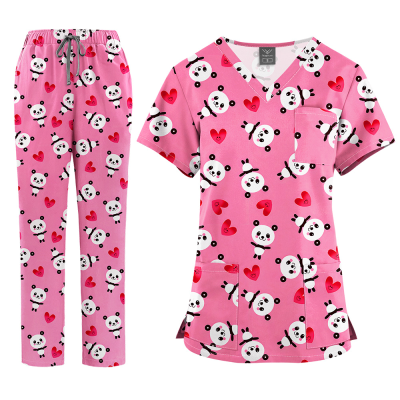 Медицински комплект униформа – топ с V-образно деколте и къс ръкав + панталони, с принт, влагоотвеждащ полиестер-спандекс