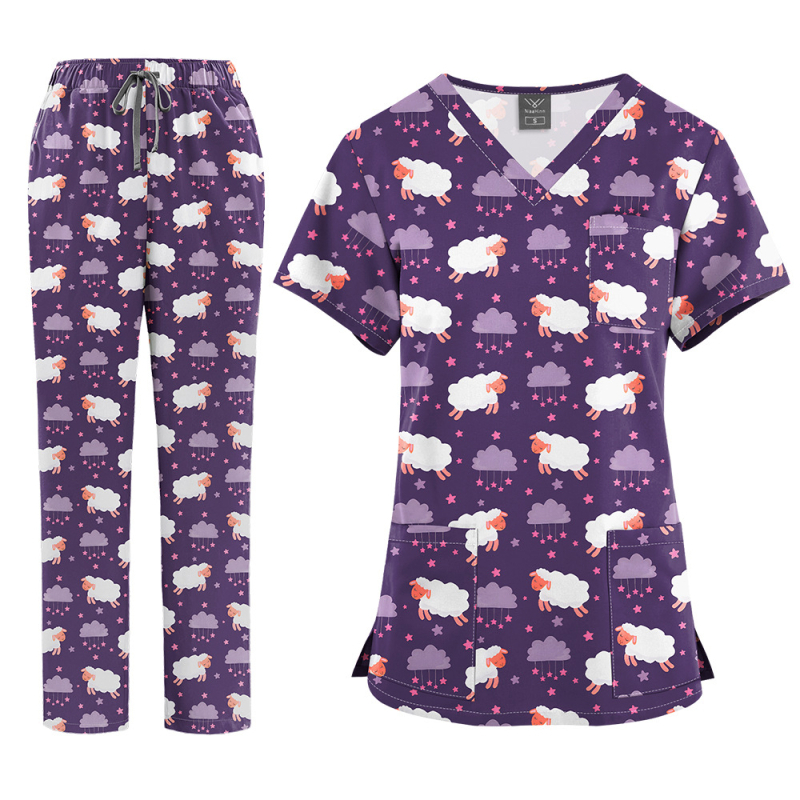 Медицински комплект униформа – топ с V-образно деколте и къс ръкав + панталони, с принт, влагоотвеждащ полиестер-спандекс