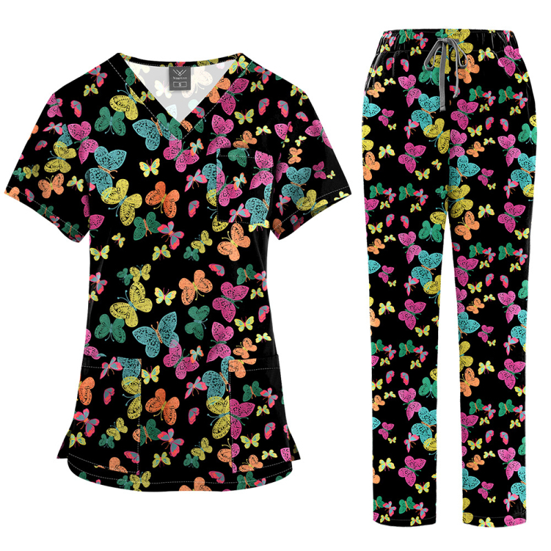 Медицински комплект униформа – топ с V-образно деколте и къс ръкав + панталони, с принт, влагоотвеждащ полиестер-спандекс