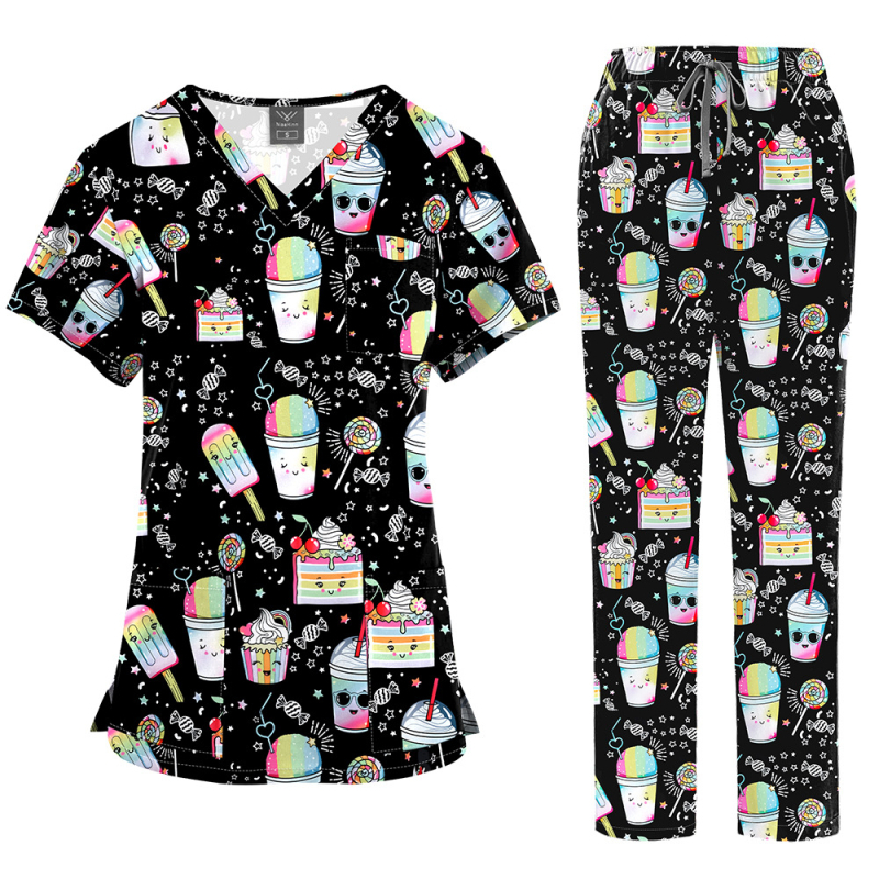 Медицински комплект униформа – топ с V-образно деколте и къс ръкав + панталони, с принт, влагоотвеждащ полиестер-спандекс