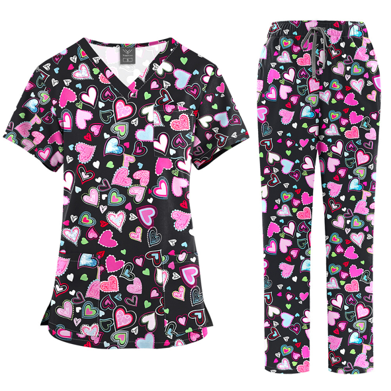 Медицински комплект униформа – топ с V-образно деколте и къс ръкав + панталони, с принт, влагоотвеждащ полиестер-спандекс