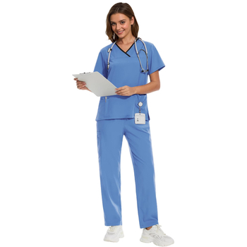 Σετ ιατρικού ρουχισμού – τοπ με κοντό μανίκι και παντελόνια, ύφασμα πολυεστερ-ελαστάν που απομακρύνει την υγρασία, ντεκολτέ σε σχήμα V, unisex